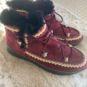 OTBT Burgundy Suede Ankle Boots with Multicolor Trim
Like new